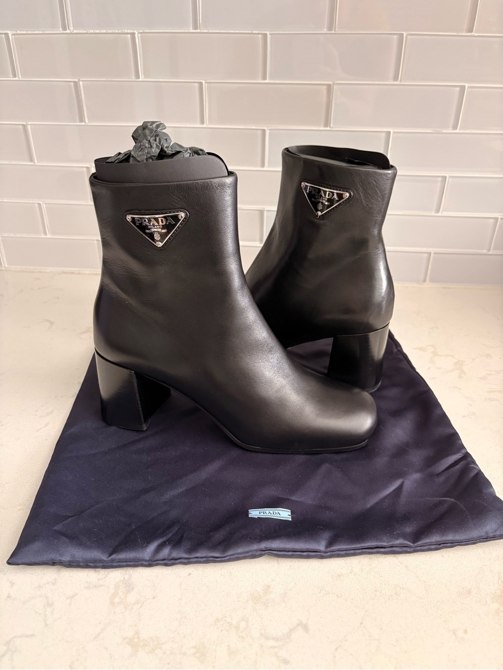Prada Black Leather Ankle Boots - Classic Logo Block Heel size 38